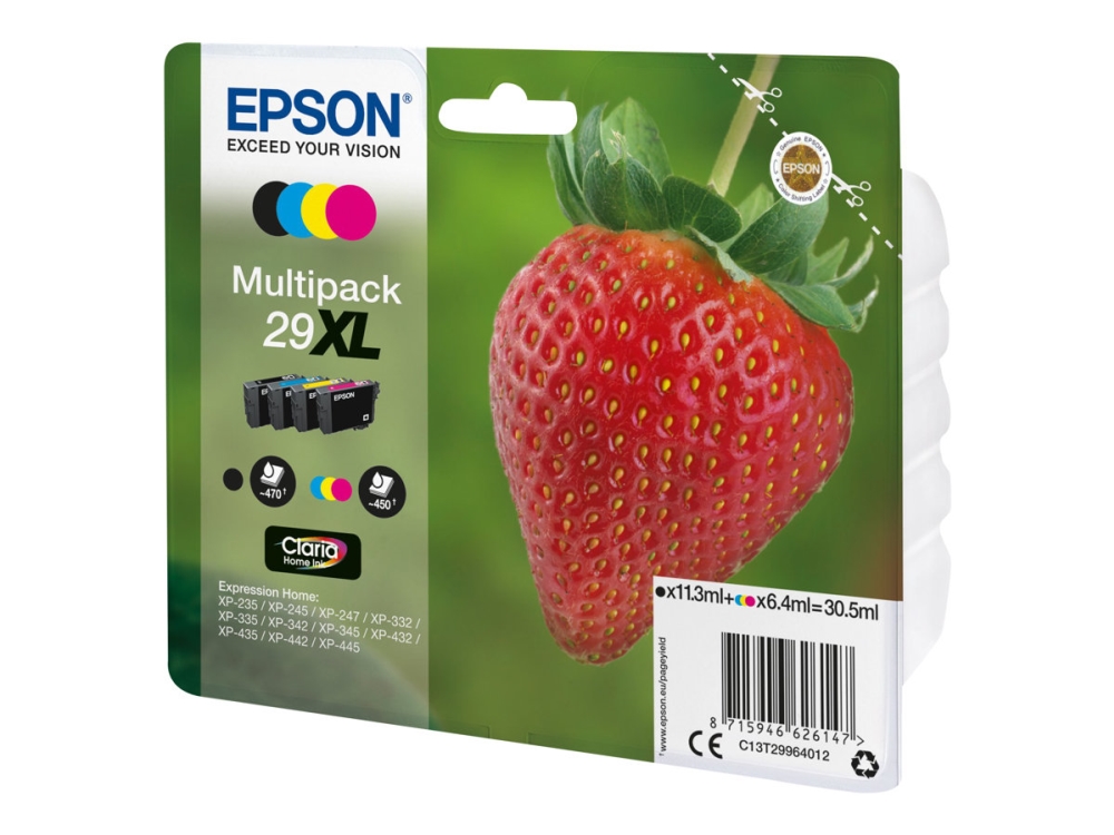 29xl Multipack   4 Pakker   30.5 Ml   Xl   Sort, Gul, Cyan, Magenta   Original   Blister Med Rf Akustisk Alarm   Blækpatron   For Expression Ho fra Epson