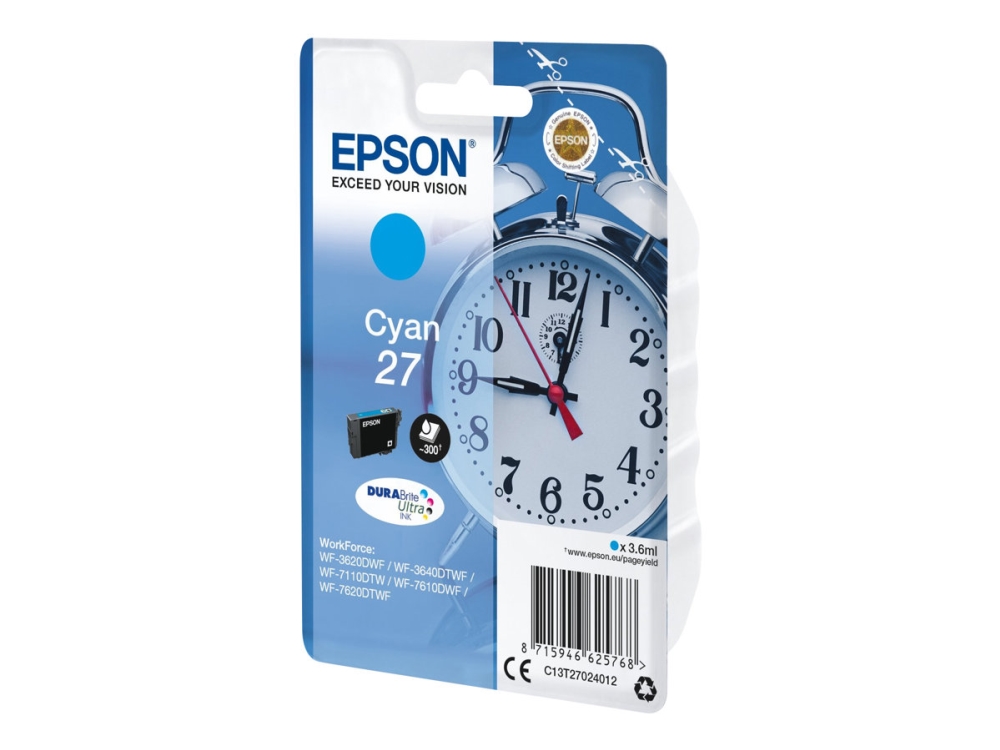 27   3.6 Ml   Cyan   Original   Blækpatron   For Workforce Wf 3620, Wf 3640, Wf 7110, Wf 7210, Wf 7610, Wf 7620, Wf 7710, Wf 7715, Wf 7720 fra Epson