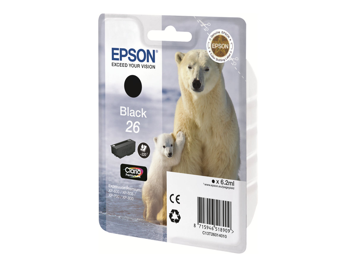 26   6.2 Ml   Sort   Original   Blækpatron   For Expression Premium Xp 510, 520, 600, 605, 610, 615, 620, 625, 700, 710, 720, 800, 810, 820 fra Epson