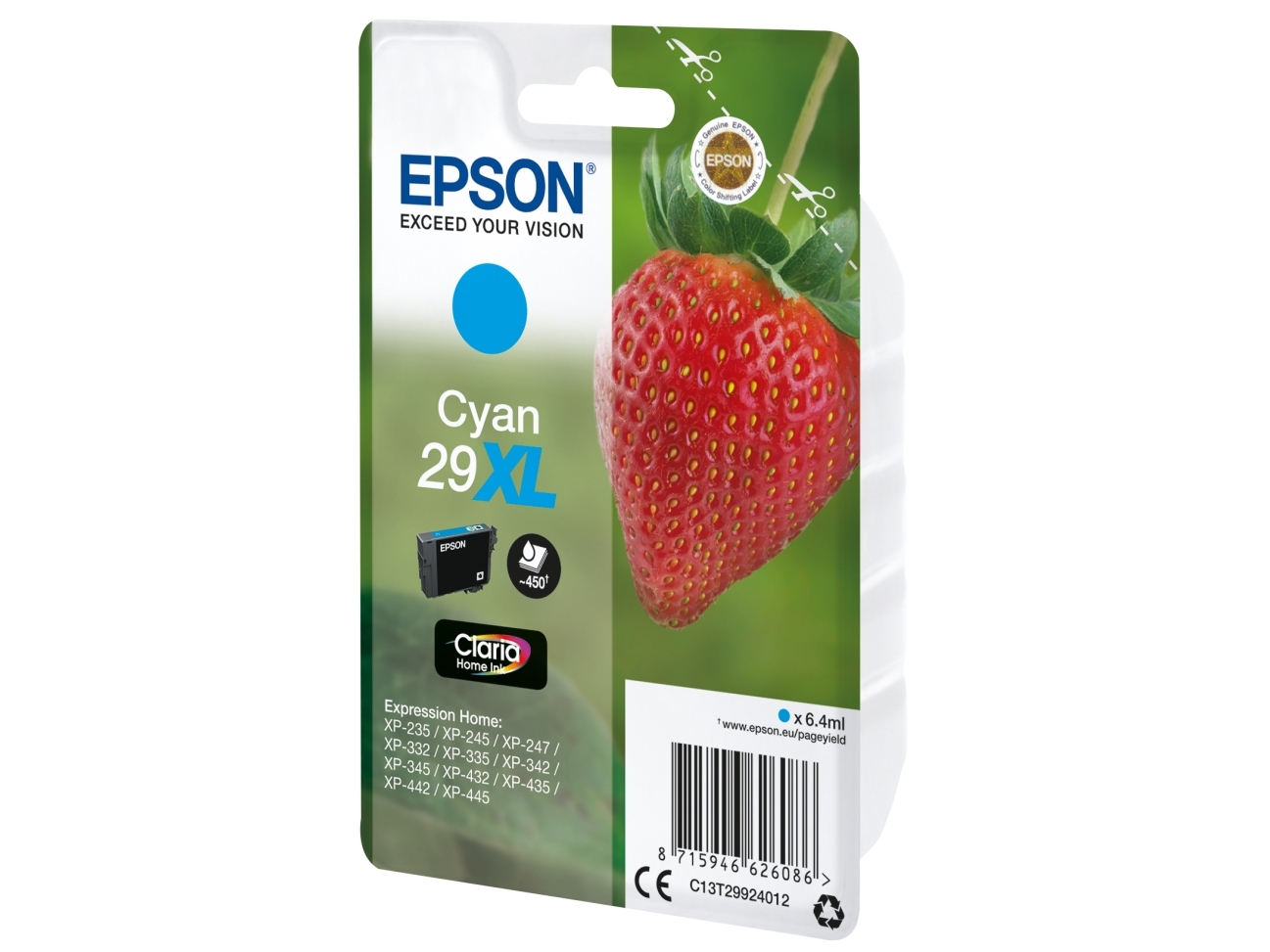 29xl   6.4 Ml   Xl   Cyan   Original   Blækpatron   For Expression Home Xp 235, 245, 247, 332, 335, 342, 345, 432, 435, 442, 445 fra Epson
